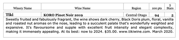 Tiki KORO Central Otago Pinot Noir 2019 ($40 per bottle)